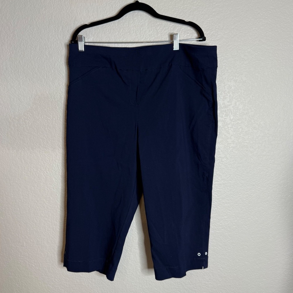Alfred Dunner Womens 16 Navy Blue Capri Pants Grommet Hem Stretch Pull On Beach